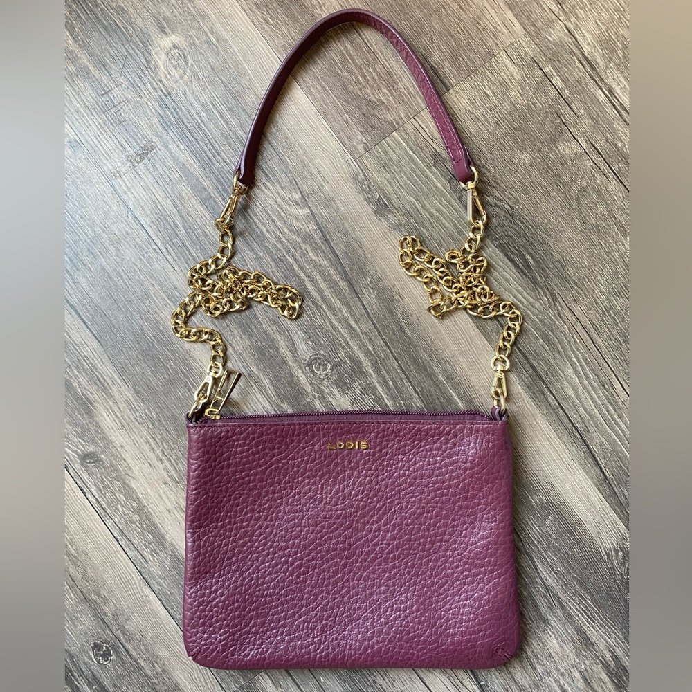 Lodis Plum Pebbled Leather Crossbody with Gold Chain Strap